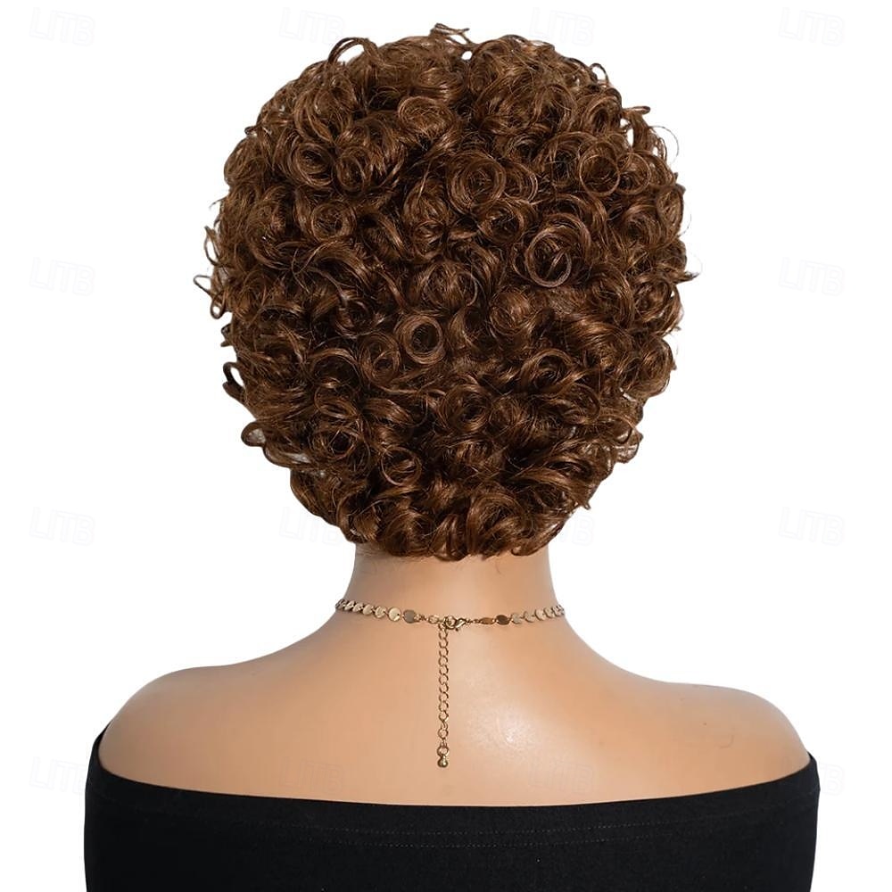 parrucche brasiliane corte pixie afro ricce e crespe per donne parrucca bob castana senza colla con frangia parrucca di capelli umani da 6 pollici del 2025 a $57.99 –P7