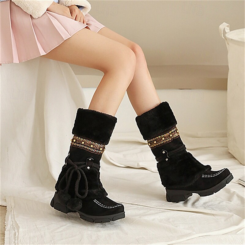 Women's Winter Faux Fur Boots - Warm Snow Boots with Pom Pom and Embellished Design for Casual and Outdoor Wear 2025 - $64.99 –P3