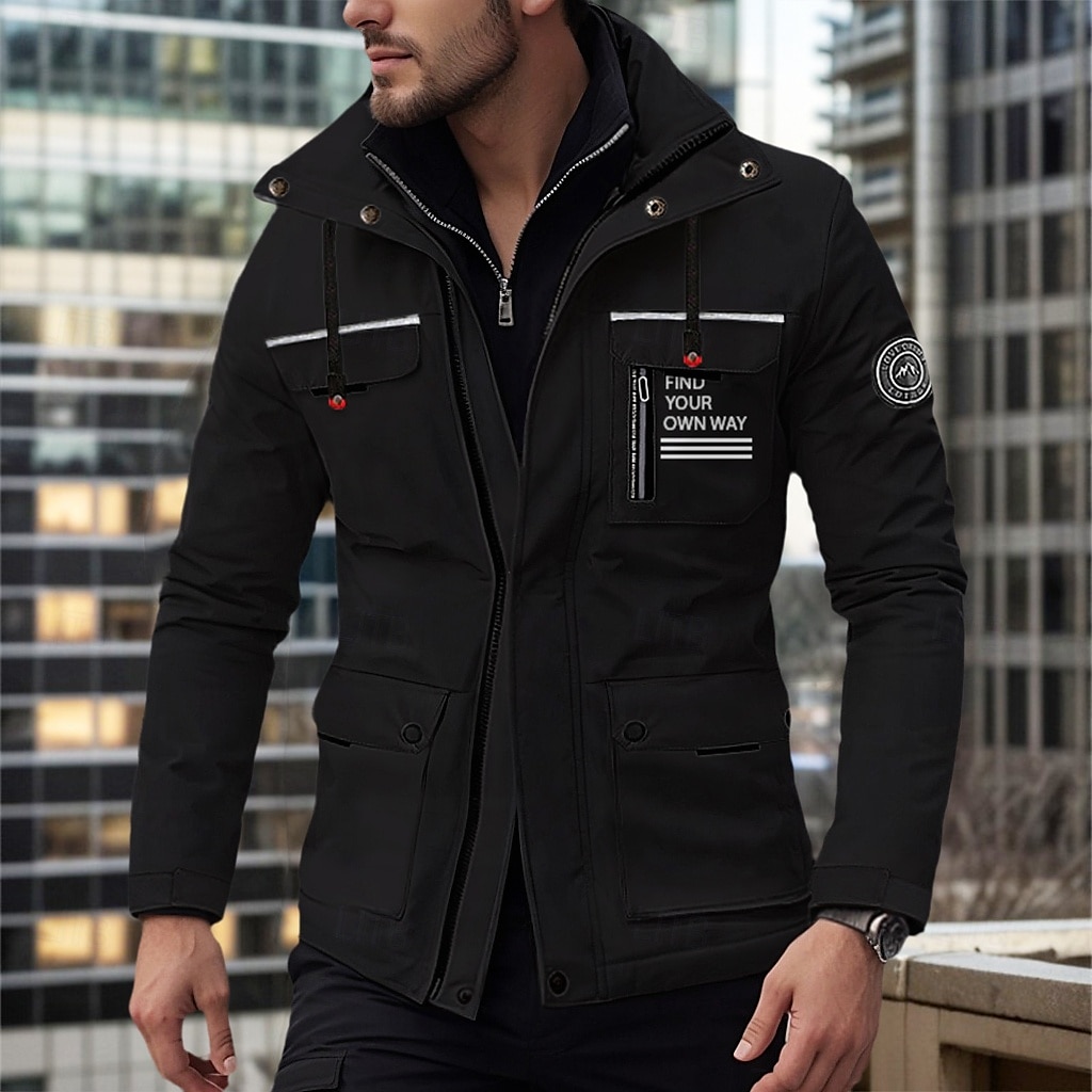 Herr Vinterkappa Vinterjacka Fleece-jacka Sportrock Utomhus Camping och vandring Vattentät Vindtät jacka Dragkedja Ficka Höst Vinter Ensfärgat Mode Streetwear Huva Normal Svart Vit Vin Armégrön Jacka 2025 - $63.99 –P6