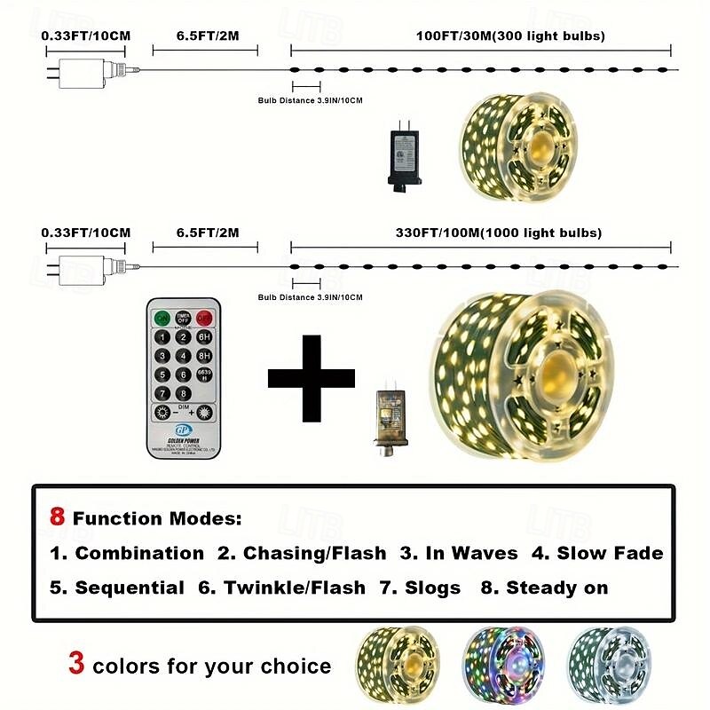 100M 1000 LEDs Christmas String Lights, Waterproof Leather Wire Light String with Remote Control, Low Voltage, Perfect for Christmas Outdoor & Indoor Decoration 2025 - $25.99 –P2
