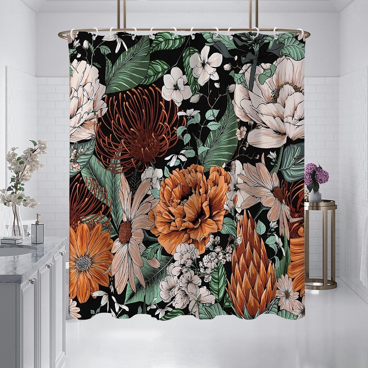 Cortina de Chuveiro com 12 Ganchos 180cm*180cm(70"*70") Poliéster Lavável Impermeável Padrão de Decoração de Banheiro para Banheira com Flores Peônia Vintage de 2025 por $22.99 –P5