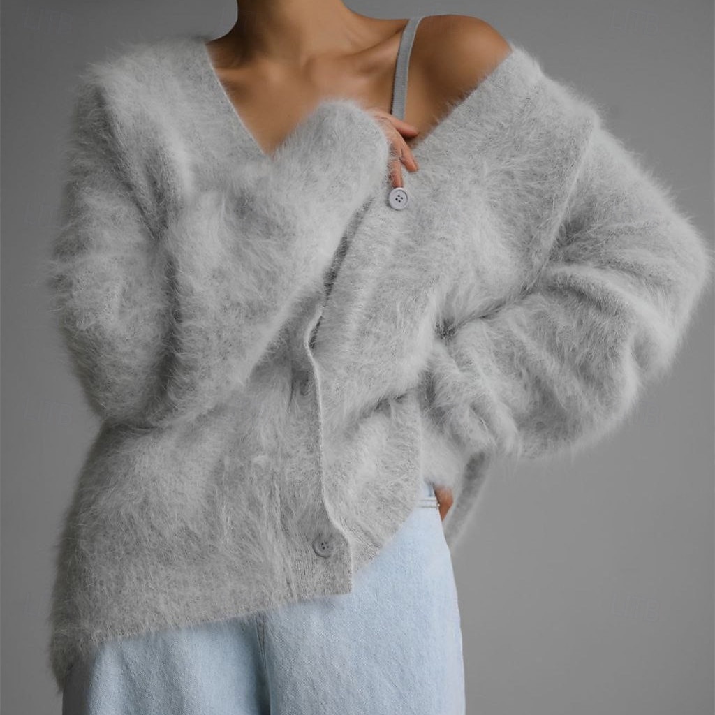 dam oversize cardigan fuzzy v-ringad stickad höst vinter arbete helg elegant mode streetwear långärmad enfärgad rosa ljusgrå 2025 - $52.99 –P7