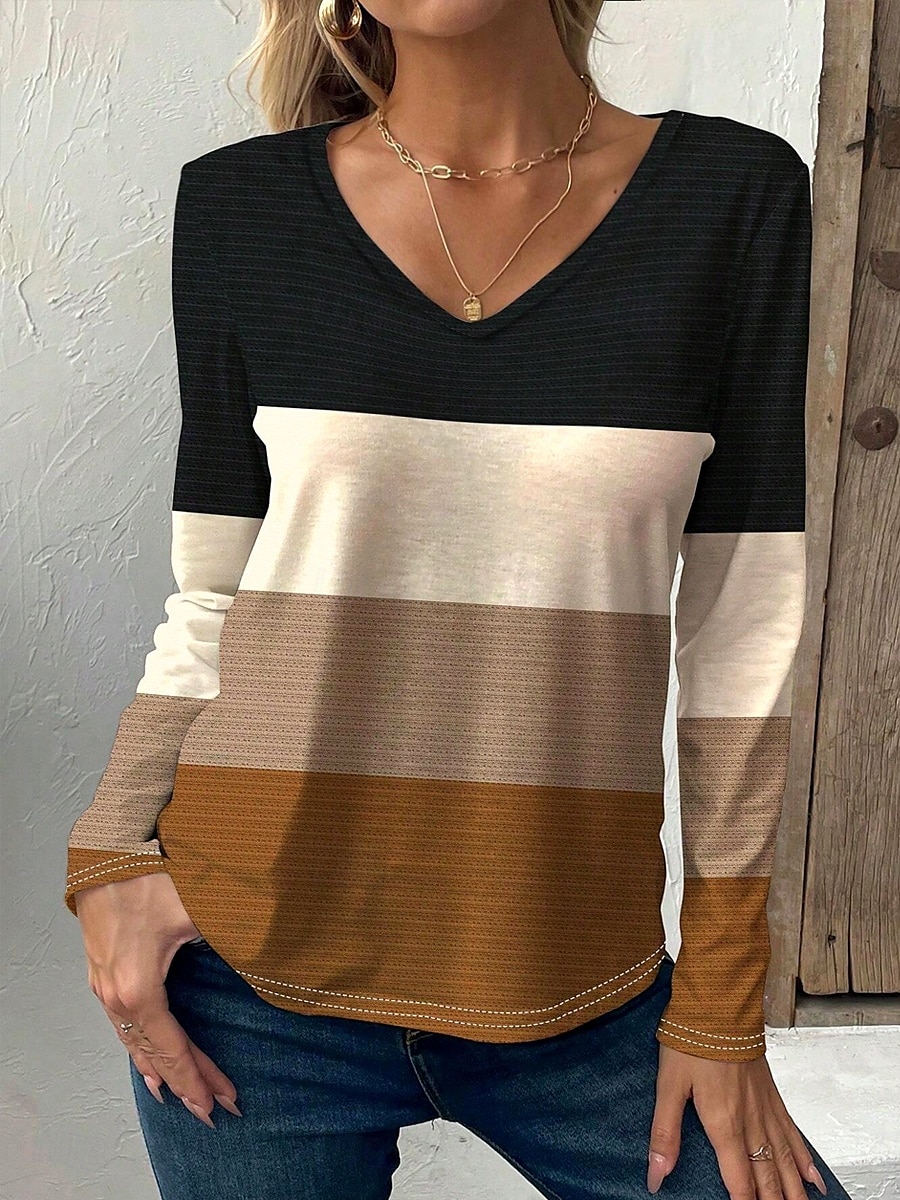 Per donna maglietta A strisce Informale Manica lunga A V Top regolari Giornaliero Stampa Marrone Primavera Autunno del 2025 a $22.99 –P1