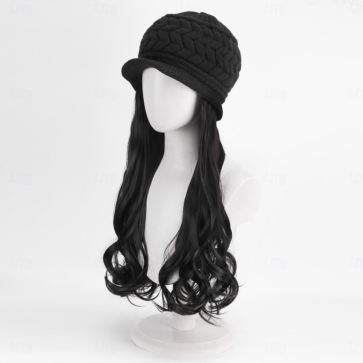 Gorro con peluca y extensiones de pelo largo y ondulado, gorro de punto con pompón para mujer, color negro, para invierno 2025 - $26.99 –P4