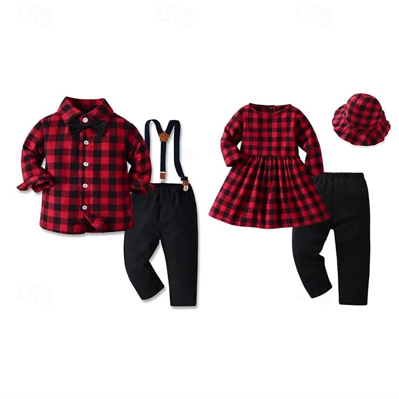 2 deler Ringbærerdress Barn Unisex Barn Skjorte og bukse T-skjorte og Legging Formell Fest Daglig Grunnleggende Skånsom Ruter Vin Rød Bomull 2025 - $31.99 –P1