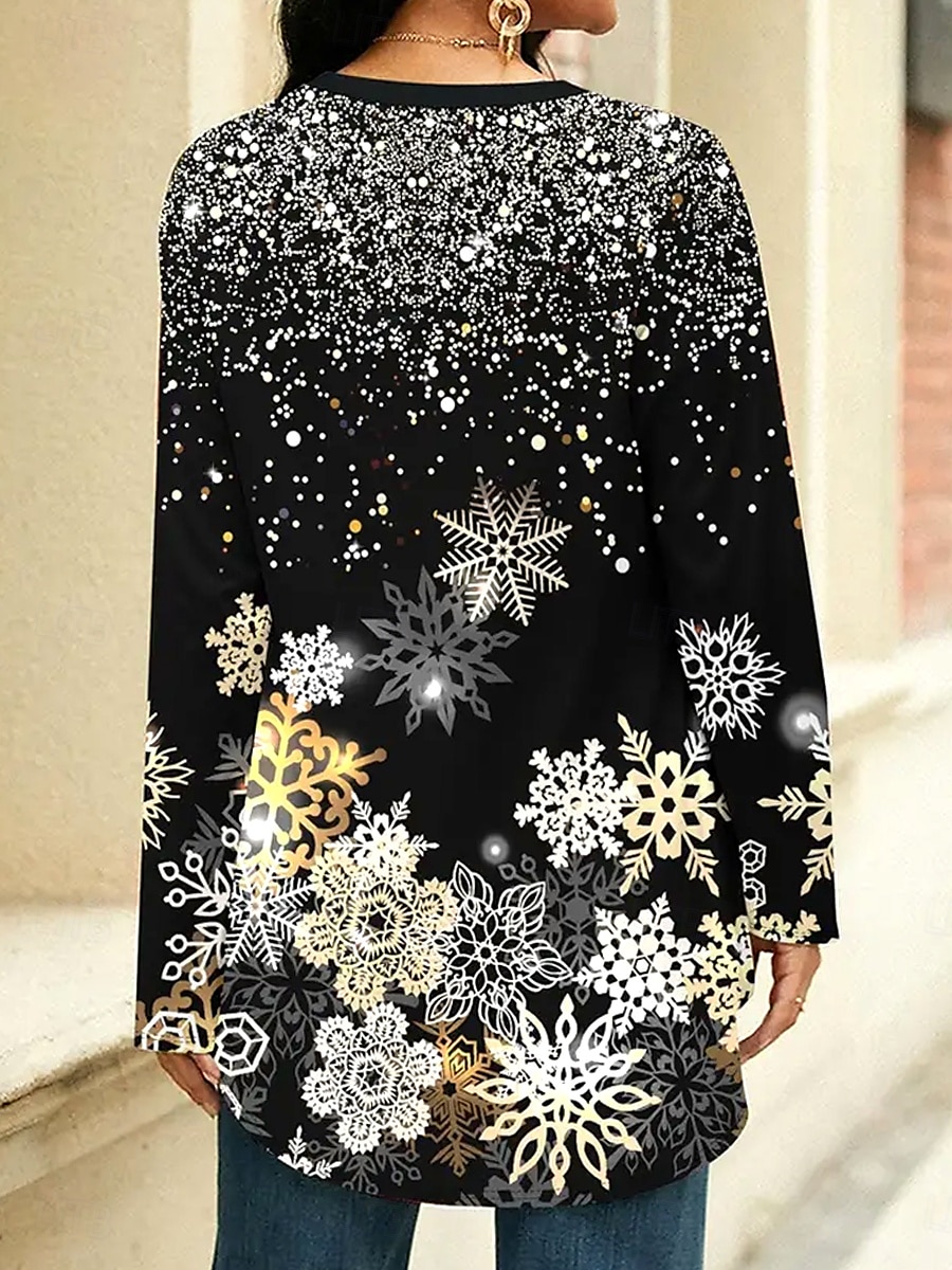 Camiseta de mujer de manga larga impresión de copos de nieve casual cuello redondo negra dorada plateada vacaciones festiva moda de invierno comodidad ajuste relajado múltiples tamaños 2025 - $27.99 –P2