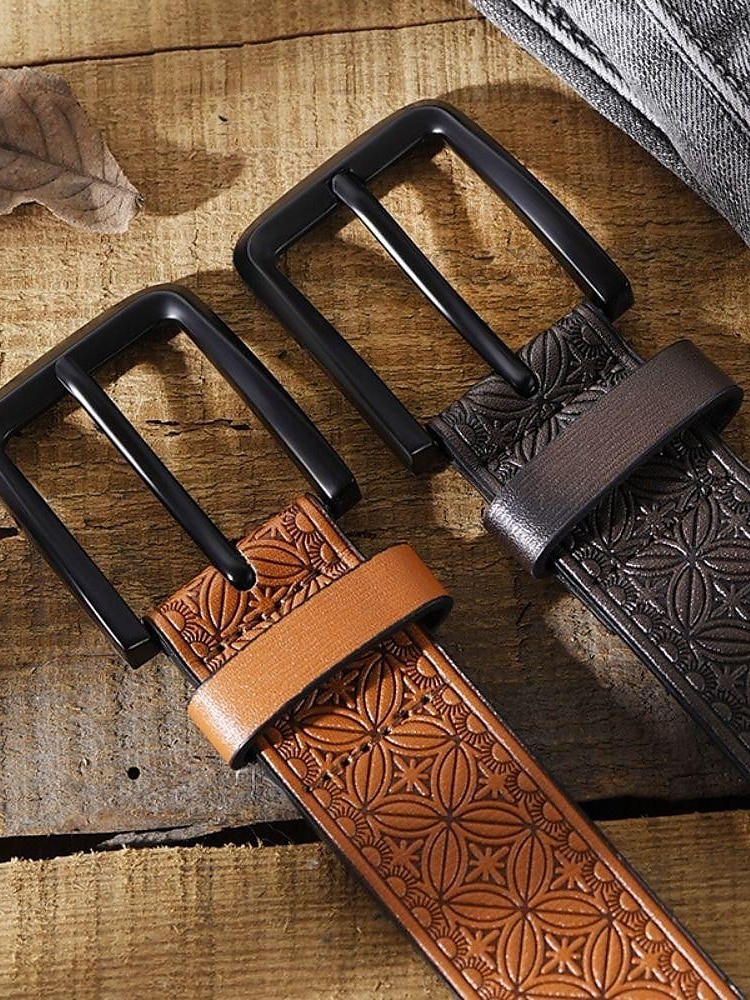 Men's Vintage Embossed Faux Leather Belt with Geometric Pattern – Classic Western Style Fashion Accessory 2025 - $14.99 –P2