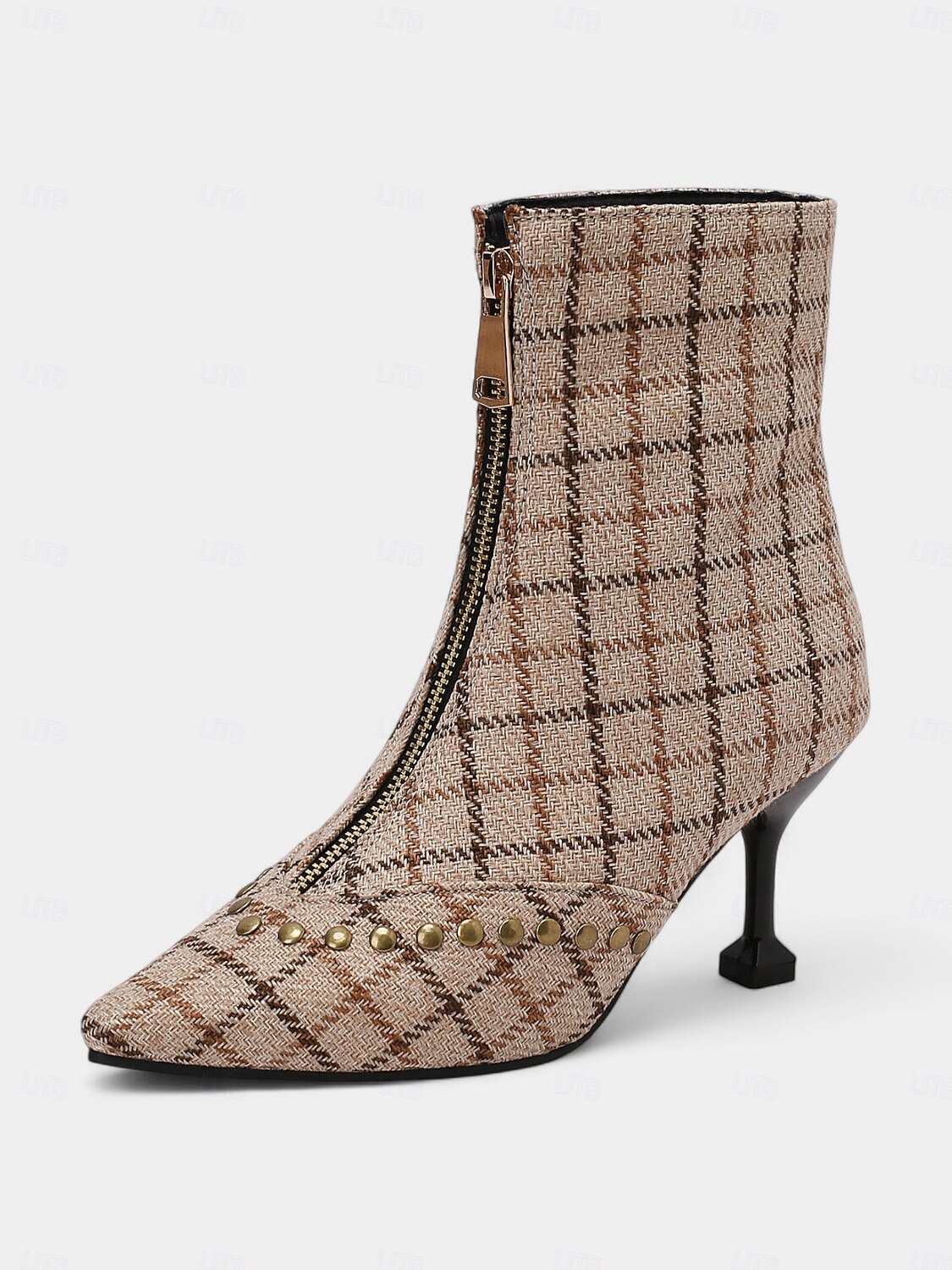 Botines de cuadros para mujer con tacón de aguja y cremallera lateral: elegantes botas de cuadros con punta puntiaguda para la moda de otoño 2025 - $54.99 –P11