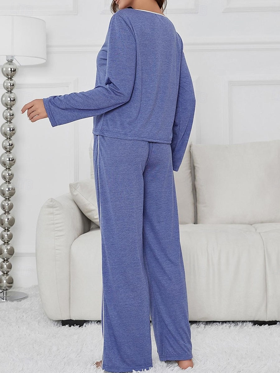 pyjamasset för kvinnor ren färg avslappnad komfort hem daglig komfort varm v-ringad långärmad t-shirt t-shirt byxa elastisk midja höst vinter hemkläder 2025 - $34.99 –P2