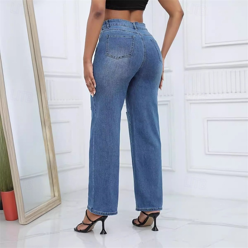 Dame Normal Jeans Gatemote Stilfull Full lengde Høy Midje Helfarge Lomme comfy Pusteevne Myk Mikroelastisk Gate Daglig Lyseblå Mørkeblå Vår & Vinter Løstsittende 2025 - $36.99 –P2
