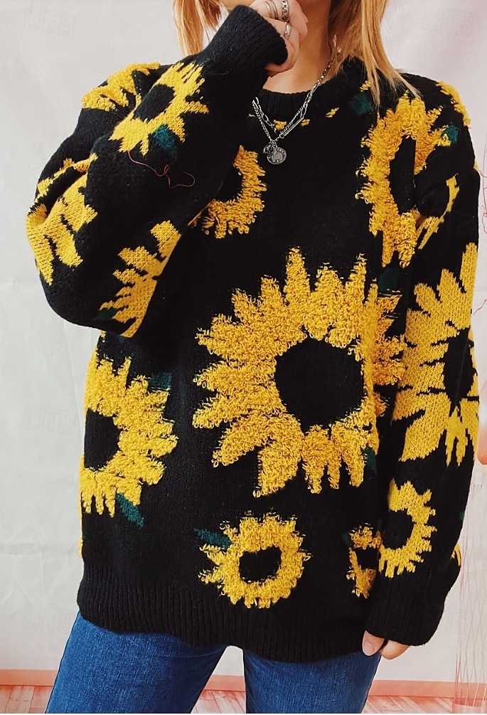 Women's Sweater Pullover Sweater Jumper Casual Soft Floral Ribbed Crew Neck Knitted Long Sleeve Regular Tops Knit Outdoor Daily Weekend Black Blue Fall Winter 2025 - $52.99 –P4