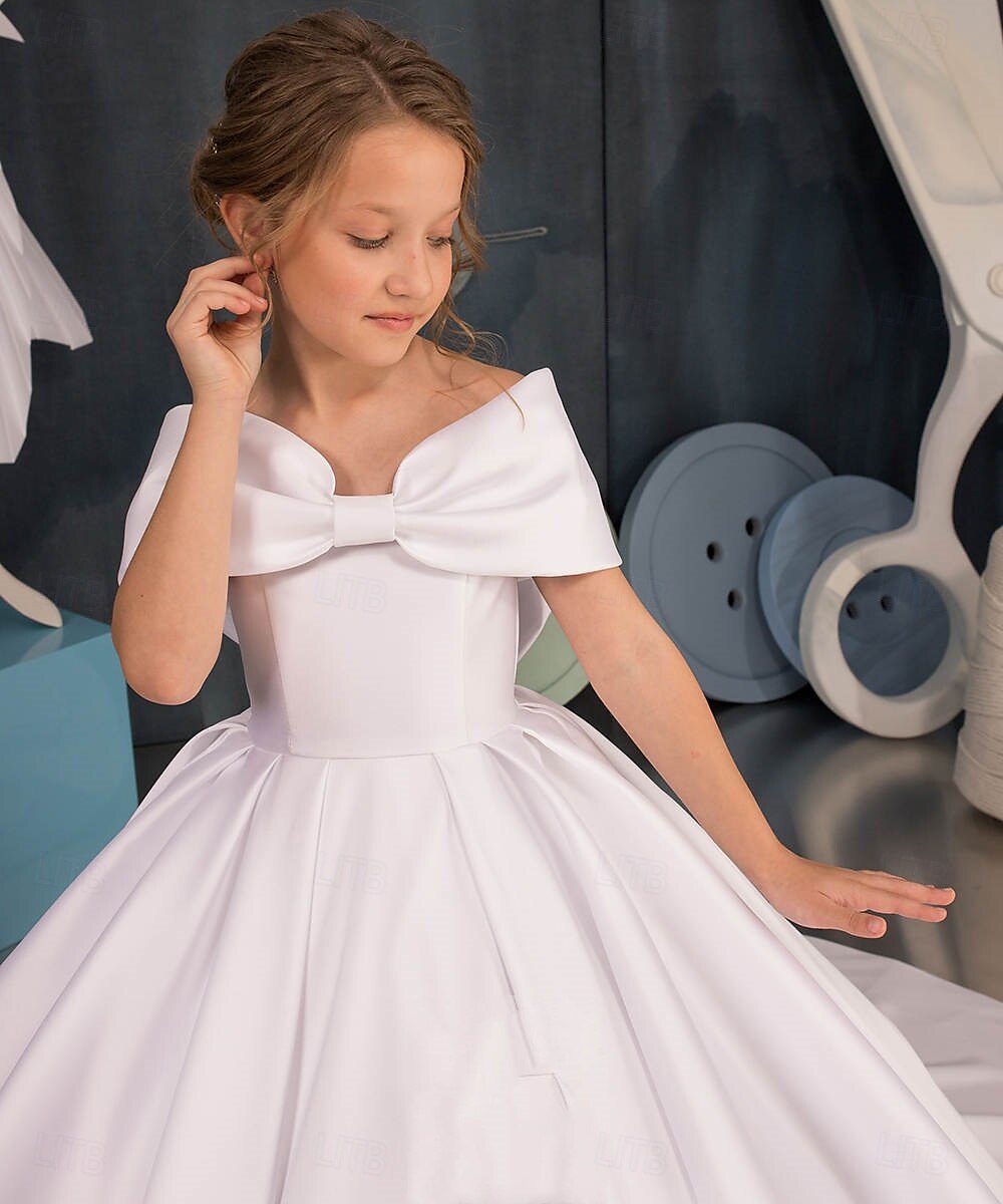 abito da damigella con strascico a trapezio e strascico a spazzola, festa di nozze, frozen anna, grazioso abito da ballo in raso e chiffon con fiocco/i, elegante mini abito da sposa, taglia 3-16 anni del 2025 a $105.99 –P1