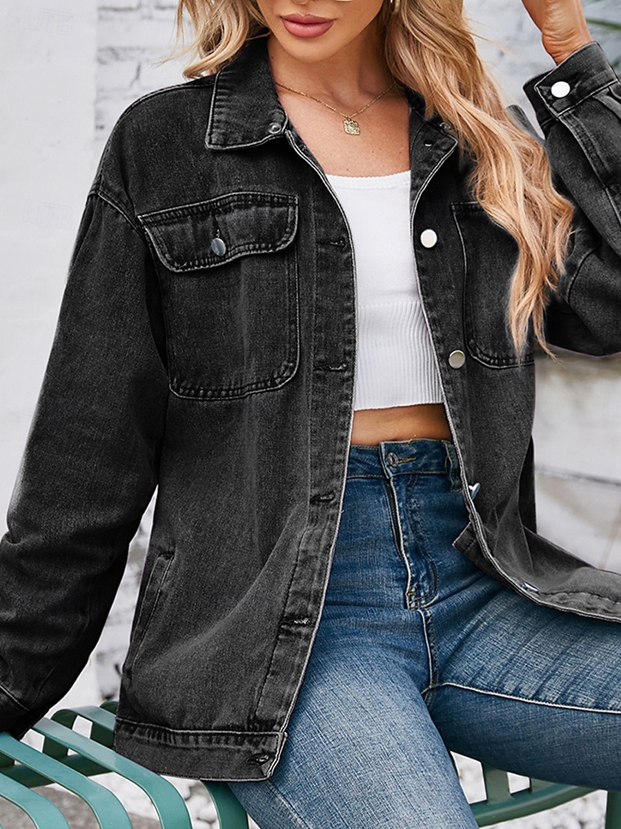 Dam Hoodiejacka Jeansjacka Utomhus Gata Dagliga kläder Höst Vinter Normal Täcka Normal Håller värmen Andningsfunktion Stylish Ledigt Jacka Långärmad Ensfärgat Med fickor Ljusblå Svart Marinblå 2025 - $57.99 –P7