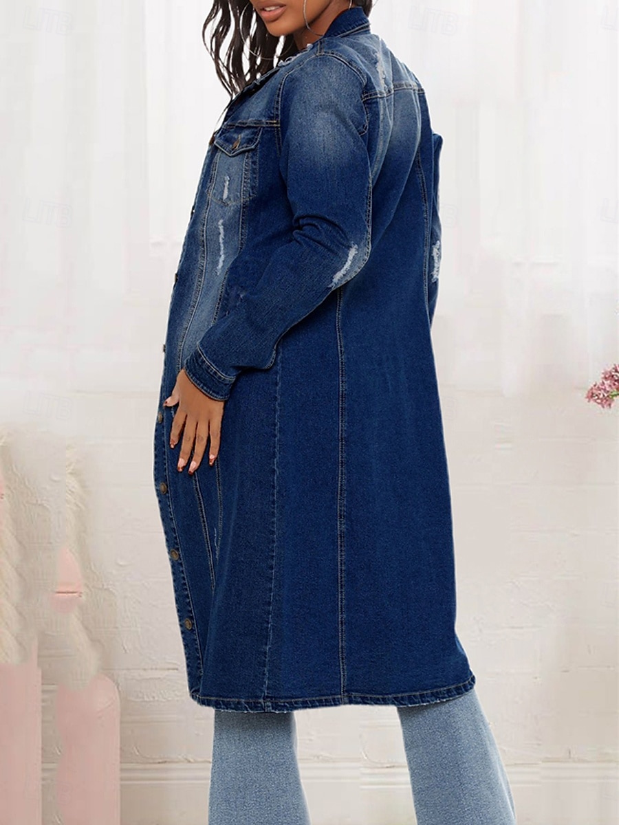 Women's Denim Jacket Outdoor Street Daily Wear Fall Winter Long Coat Regular Fit Thermal Warm Breathable Stylish Casual Jacket Long Sleeve Solid Color with Pockets Light Blue Navy Blue Blue 2025 - AU $153.59 –P2