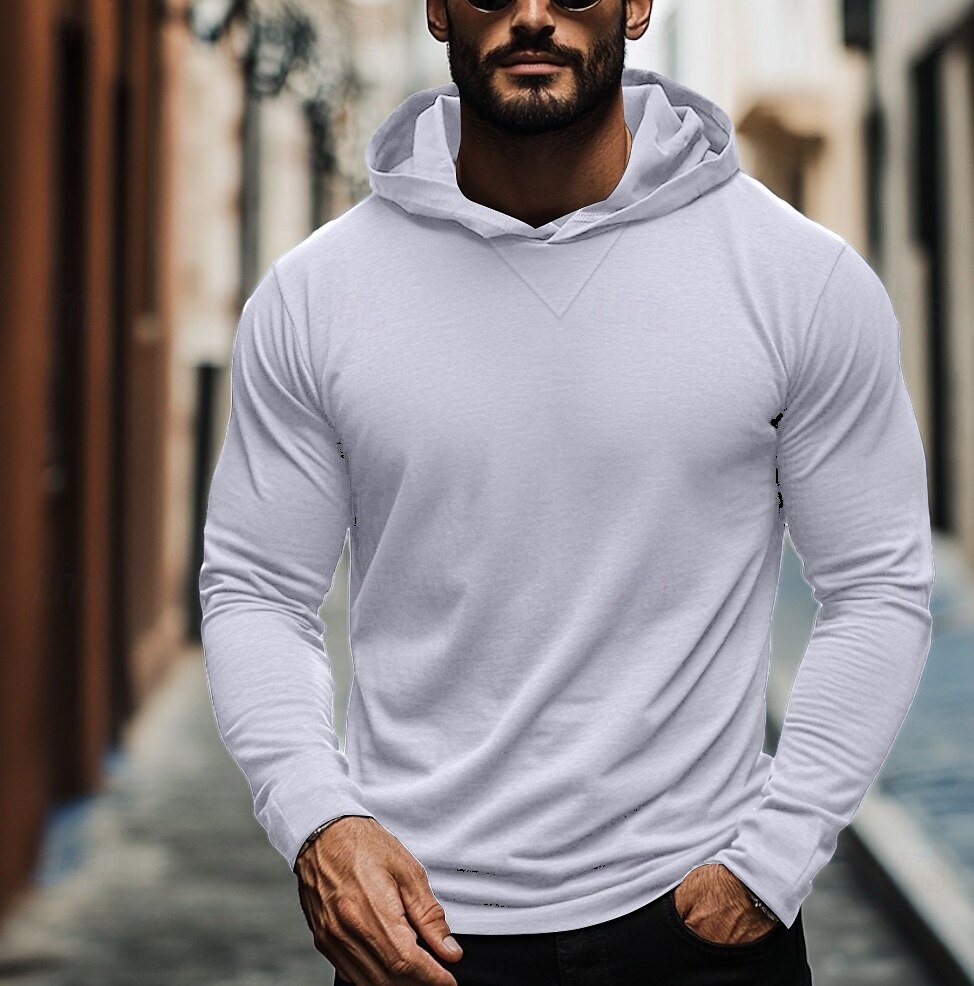 Homens Camiseta T-shirt Manga Longa Com Capuz Verão Tecido Moda Designer Básico Com Capuz Férias Rua Para Noite Cinzento Escuro Preto Branco Top Tee para Homens de 2025 por $20.99 –P7