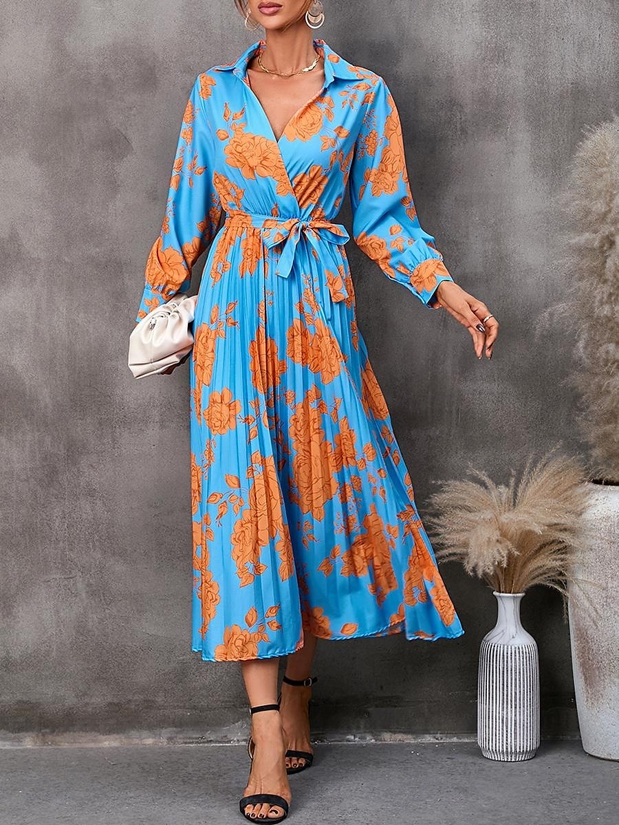 Damen Blumen V-Ausschnitt Midikleid Langarm Frühling Herbst 2025 - $41.99 –P1