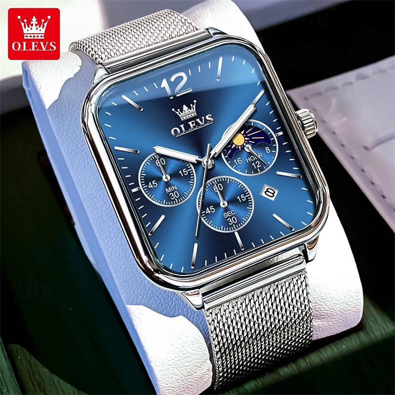 nouvelle marque olevs olevs tendance montres pour hommes cadran carré calendrier lumineux des phases de lune multifonction ceinture en maille à trois yeux montre à quartz à phases de lune de 2025 ? $29.99 –P5
