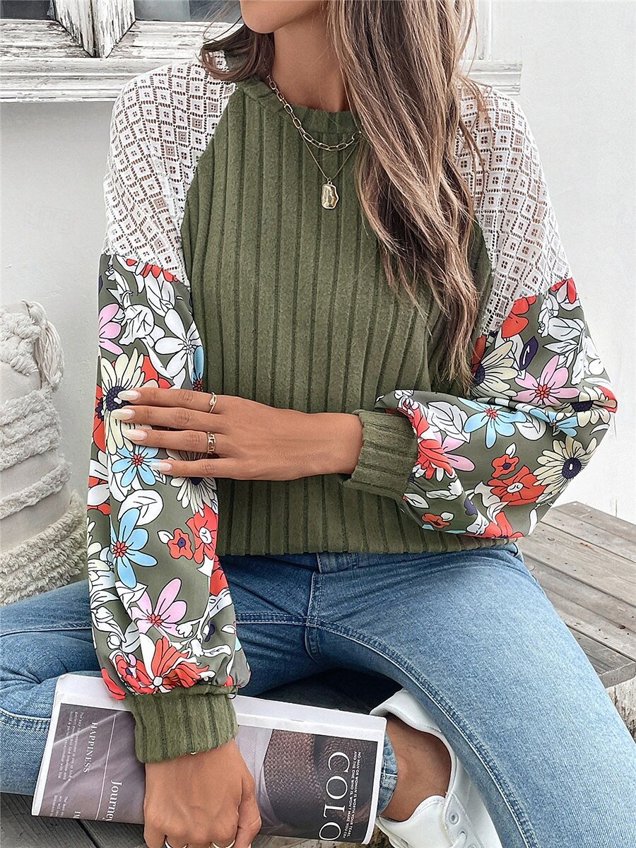 Femme Pull Chandail Pull Décontractées Flexible Floral A côtes Col Ras du Cou Patchwork Tricoté Imprimer manche longue Hauts réguliers Tricoter Extérieur du quotidien Fin de semaine Vert Automne Hiver de 2025 ? $38.99 –P6
