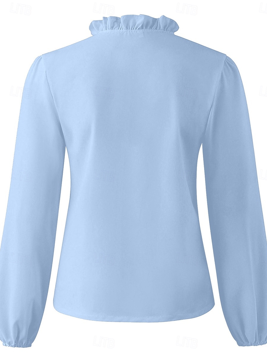 Per donna Camicia Blusa Tinta unica Essenziale Informale Manica lunga A V Top regolari Giornaliero Con balze Bianco Blu Autunno Inverno del 2025 a $27.99 –P6