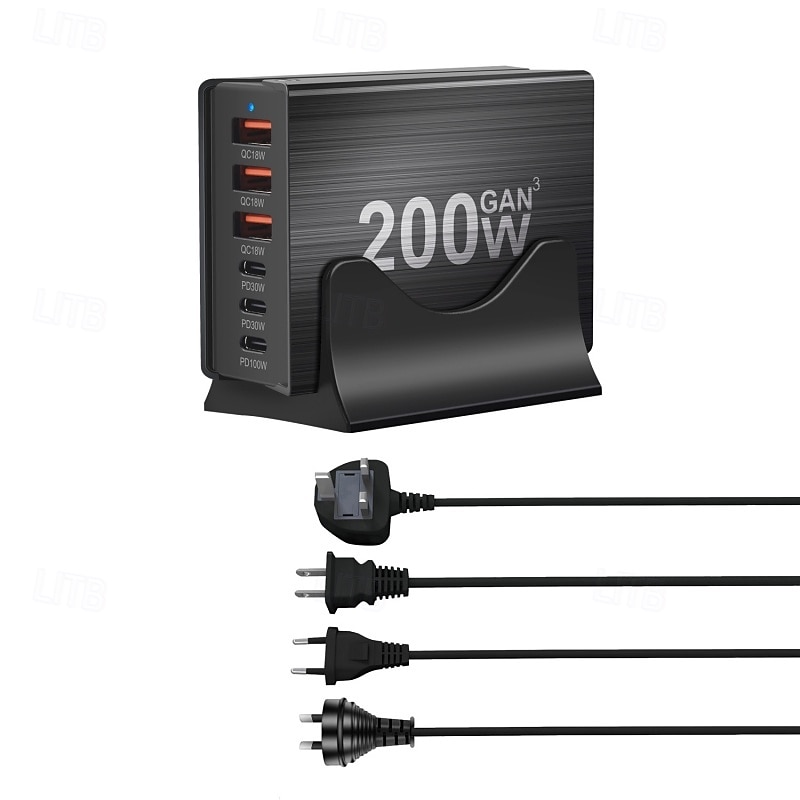 200w stație de încărcare gan 6 porturi încărcător usb c încărcare rapidă qc pd 3.0 tip c încărcător rapid usb pentru iphone 15 14 13 12 pro macbook 2025 - $63.99 –P5