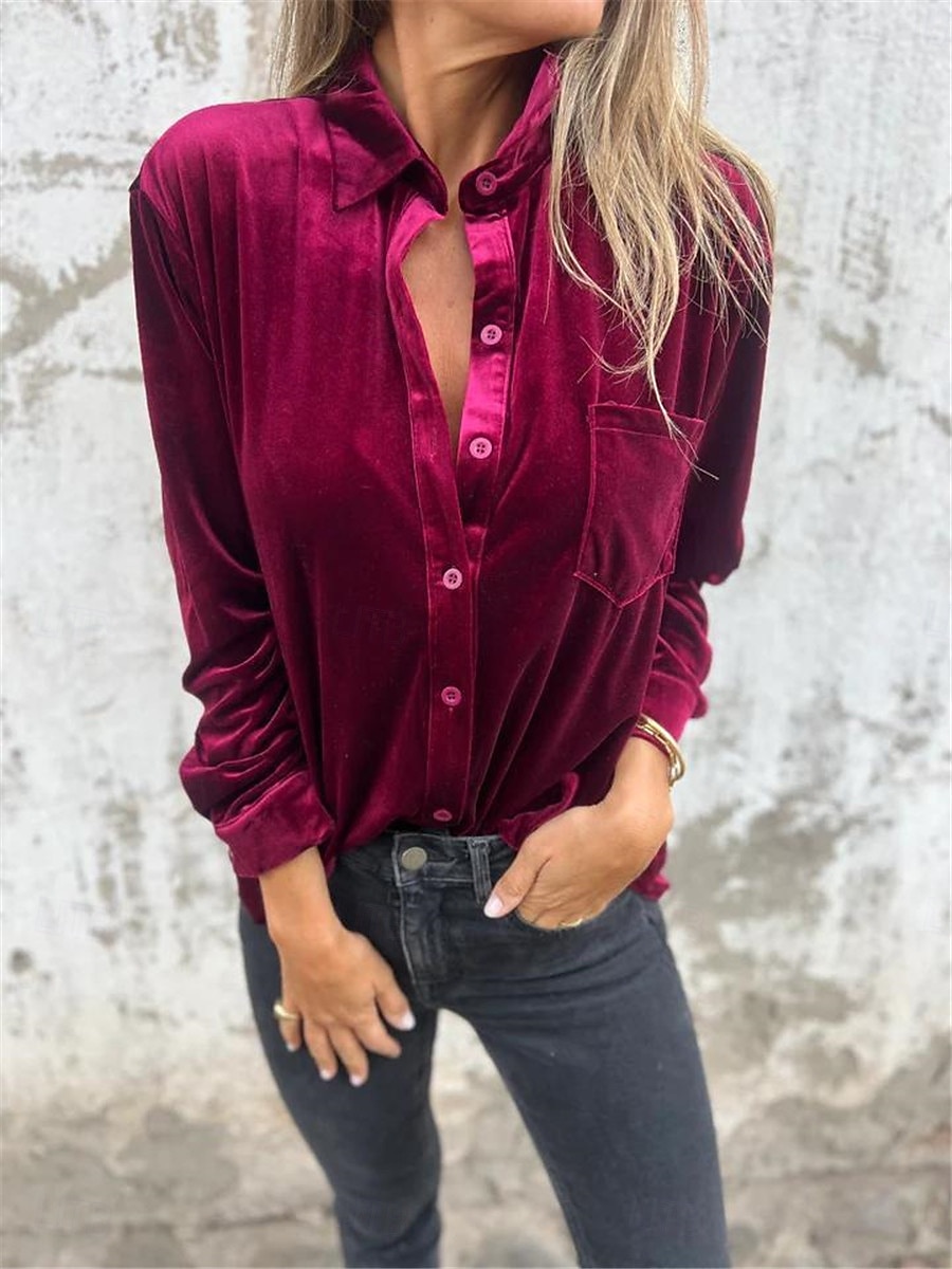 Dames Overhemd Blouse Effen Kleur Basic Casual Lange mouw Overhemdkraag Normale tops Dagelijks Knop Fuchsia Bruin Groen Herfst Winter 2025 - $32.99 –P3