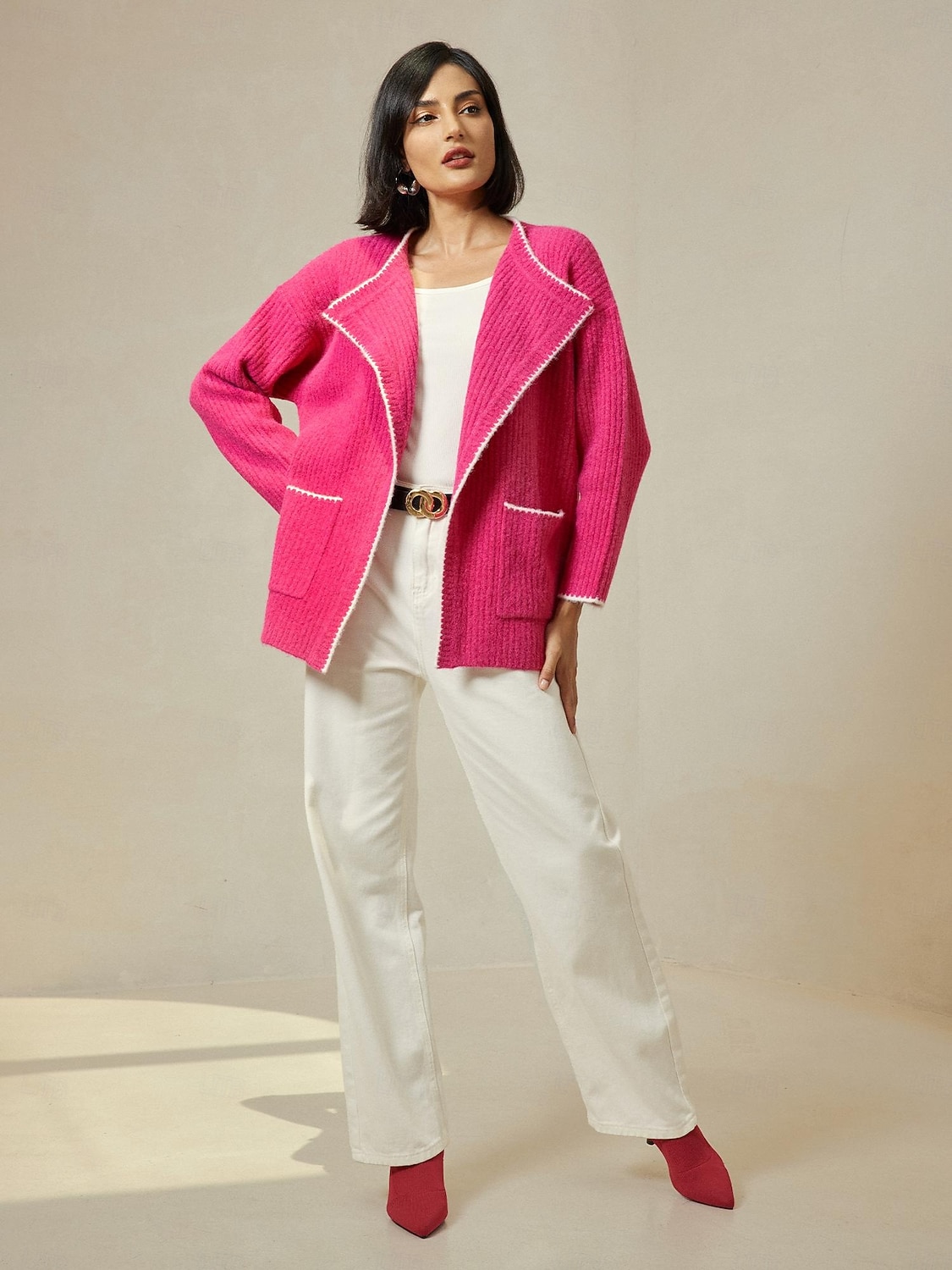 Dam Kofta Nedvikt Ribbad Sticka Ullblandning Färgblock Drop Shoulder Höst vinter Ledigt / vardag Ledigt vardag Långärmad Kontrastfärg Rosenröd S M L 2025 - $9.99 –P6