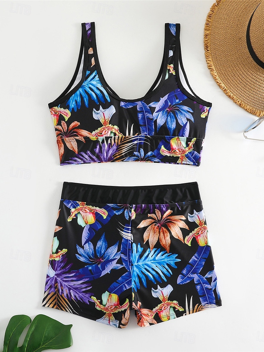Dam Badkläder Bikini 2 st Pojkeben Baddräkt Öppen rygg Hög midja Smal Semester Standkläder Blommig Löv V-hals Ärmlös Baddräkter 2025 - $25.99 –P8