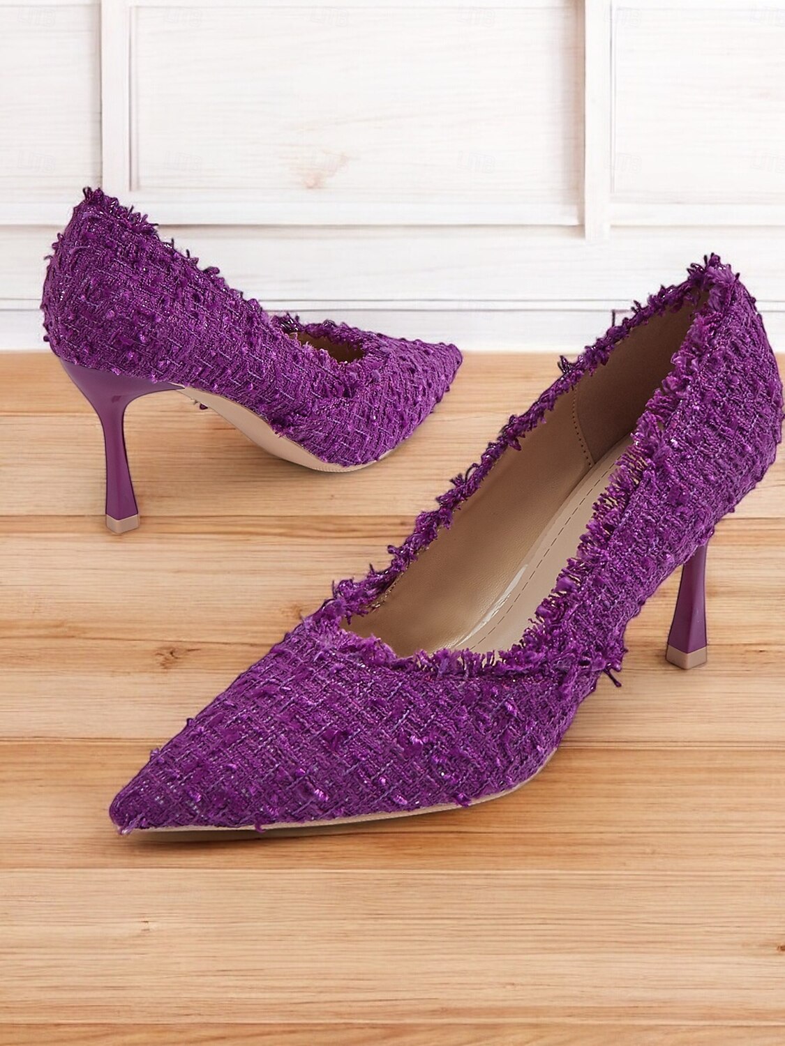 tocuri de damă din tweed mov cu vârf ascuțit – pantofi eleganti texturați cu margini uzate pentru ținute șic și ocazii speciale 2025 - $42.99 -P2