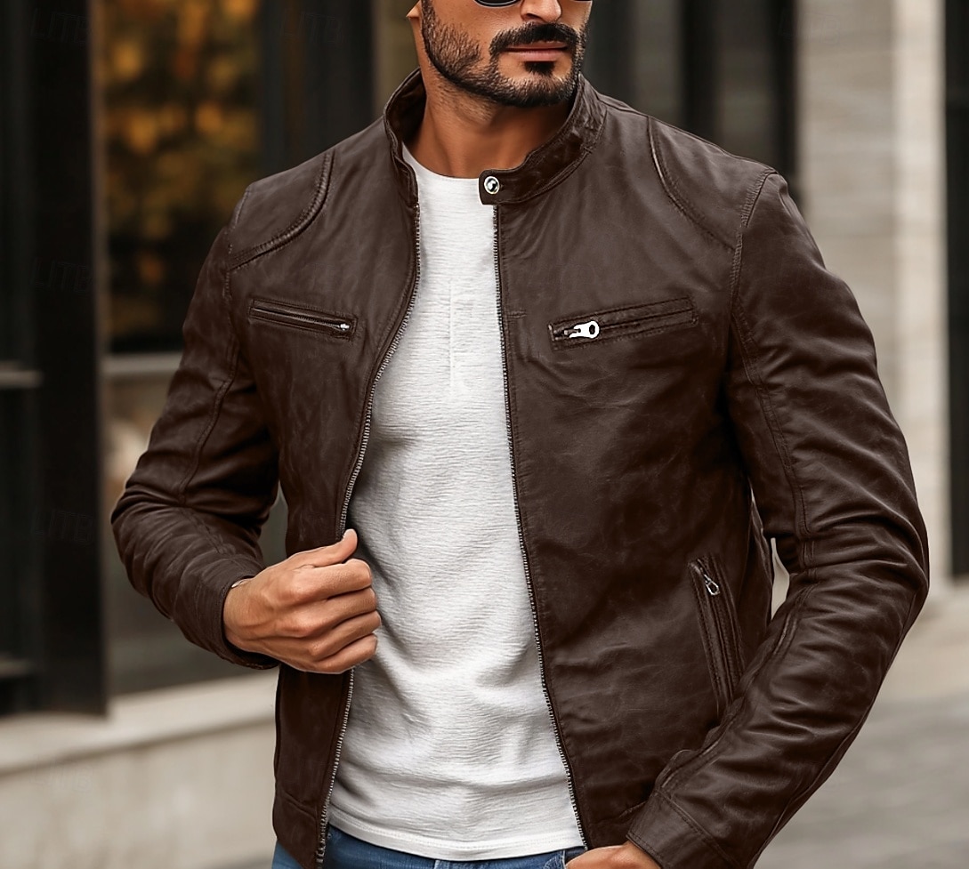 Men's Faux Leather Jacket Biker Jacket Motorcycle Jacket Daily Thermal Warm Rain Waterproof Zipper Fall & Winter Solid Colored Punk Vintage Stand Collar Regular Black Blue Brown Coffee Jacket 2026 - $45.99 –P1