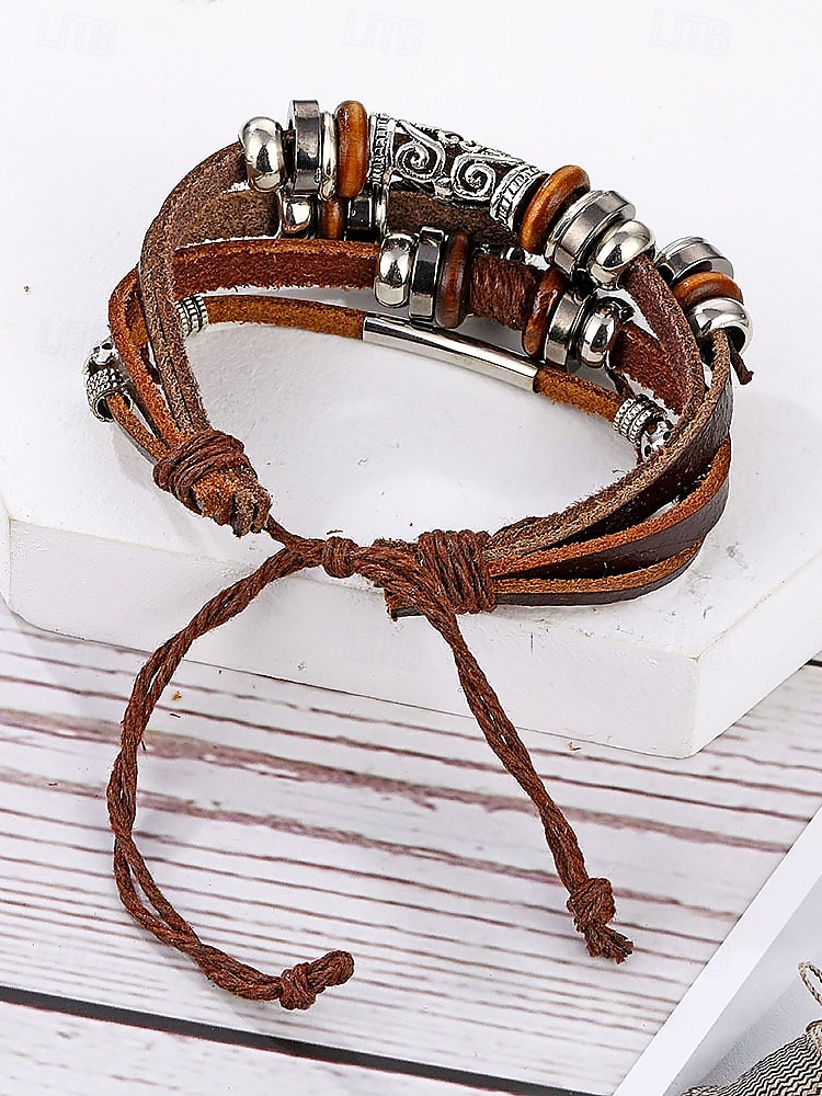 mäns boho flerlagers läderarmband med fjäder och halvmåneberlock – vintageinspirerat justerbart omlottarmband för avslappnad stil 2025 - $11.99 –P4