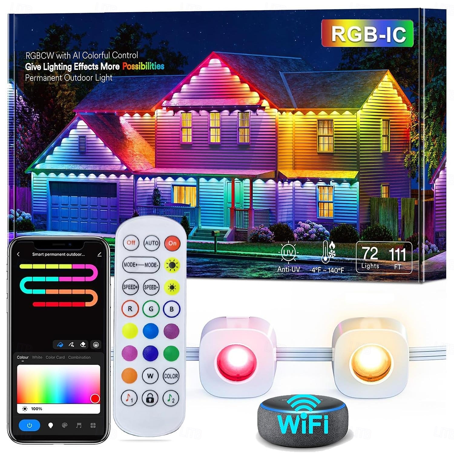 permanente verlichting 16,5-150ft slimme rgbic buiten dakrandverlichting, eeuwigdurende verlichting met tuya wifi app-bediening, ip65 waterdicht, doe-het-zelf programmering, alexa/google compatibel voor kerst- en huisdecoraties 2025 - $70.99 –P2