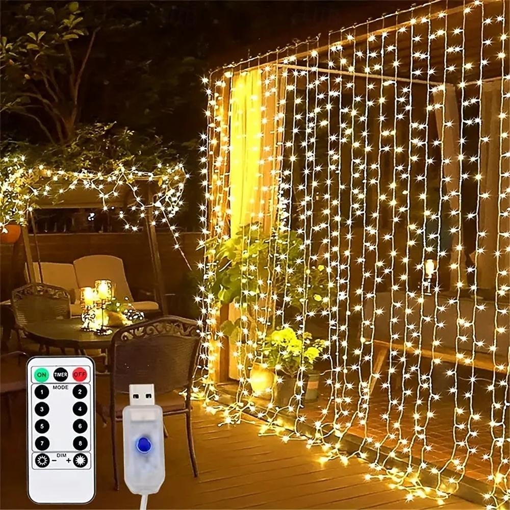 3x3M Ευέλικτα Φωτιστικά Κουρτίνας LED 300 LEDs Φωτιστικά Σχοινιού LED με 13-Κλειδί Τηλεχειριστήριο USB Τροφοδοτούμενα Χαμηλής Τάσης Ζεστό Λευκό  RGB Ασφαλή για Διακόσμηση Δωματίου  Κουρτίνας 2026 - $48.99 –P16
