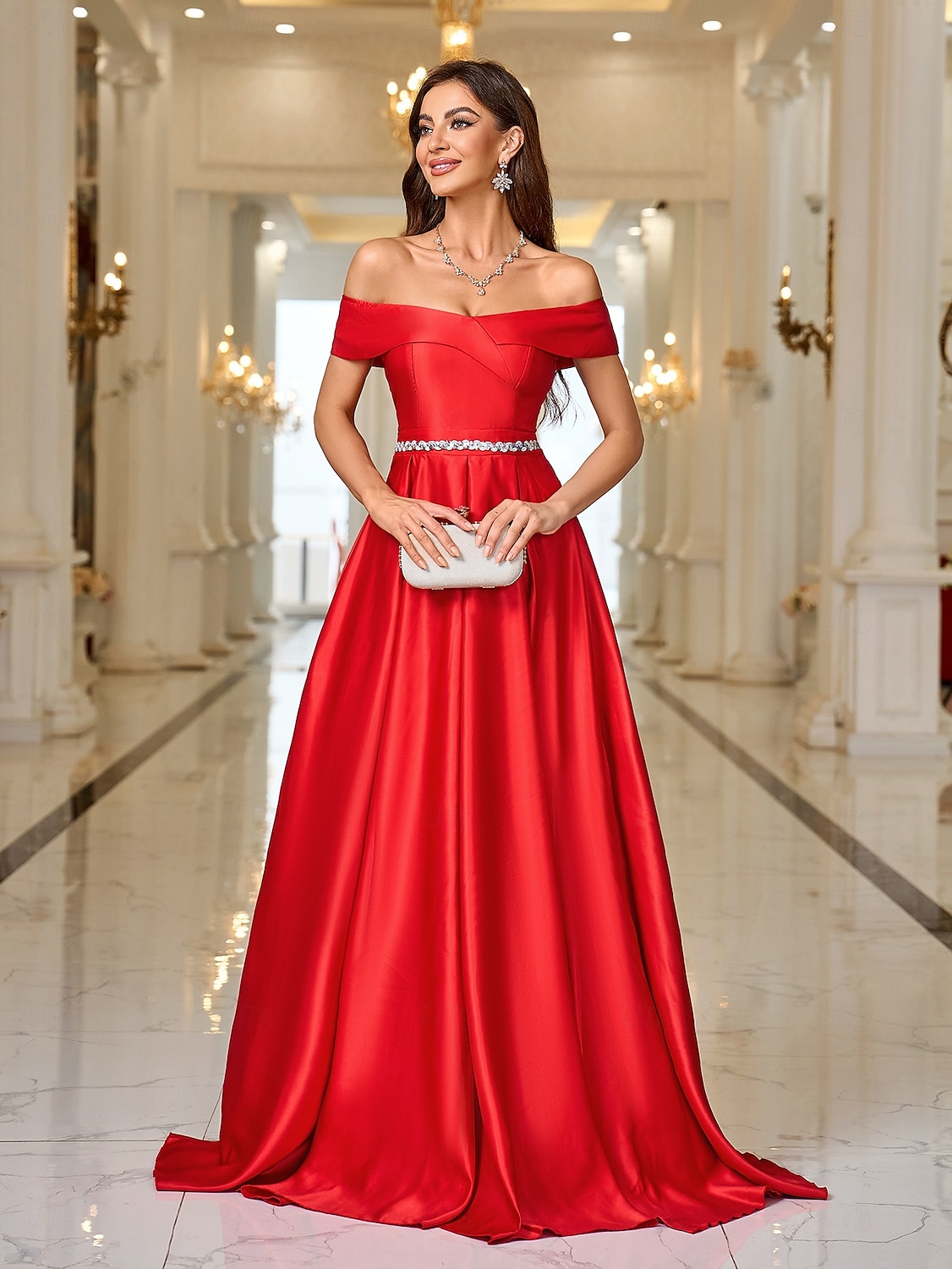 Abito da sera A-Line elegante abito formale strascico  spazzola copertura maniche lunghe off-shoulder tasca satin con strass del 2025 a $118.99 –P5