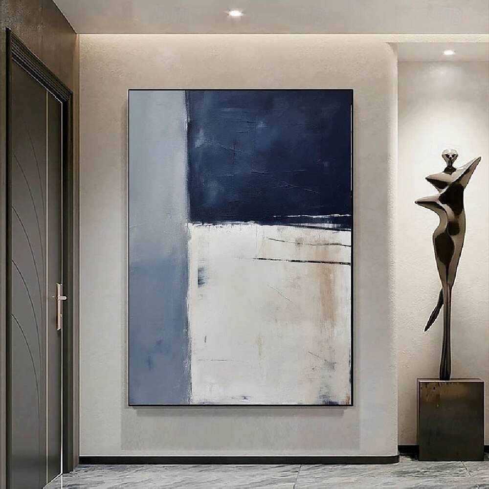 Handpainted White Blue Textured Painting Oversized 3D handmade Abstract Geometric Wall Art painting Large Minimalist black white textured Painting for Living Room bedroom Wall Decor Abstract Art 2025 - $116.99 –P5