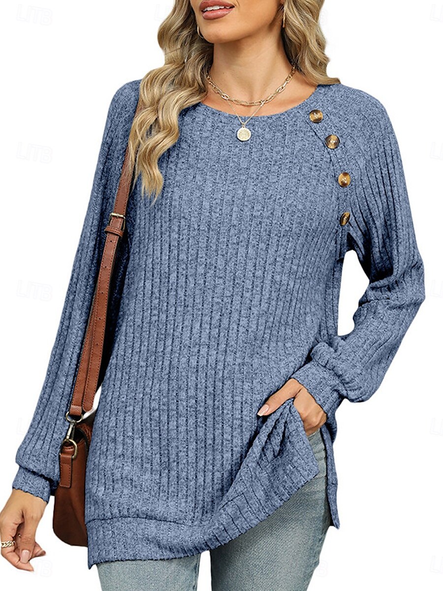 Per donna maglietta Liscio Di tendenza Moderno Informale Manica lunga Girocollo Top regolari Giornaliero Fine settimana Bottoni Rosa Blu Verde Cachi Autunno Inverno del 2025 a $29.99 –P6