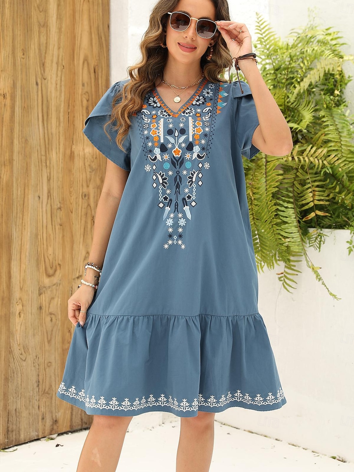 Ystävänpäivä Naisten Normaali Mini mekko Rento mekko Pitkähihainen Boho-mekko Boho-mekko Perus Vapaa-aika Boheemi Loma Ystävänpäivä Katu Loose Fit Kukka Asetelma Lyhythihainen V kaula-aukko Sininen 2025 - $74.99 –P1