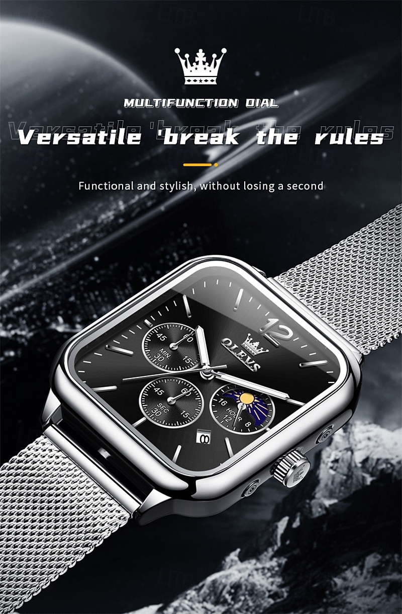nouvelle marque olevs olevs tendance montres pour hommes cadran carré calendrier lumineux des phases de lune multifonction ceinture en maille à trois yeux montre à quartz à phases de lune de 2025 ? $29.99 –P2