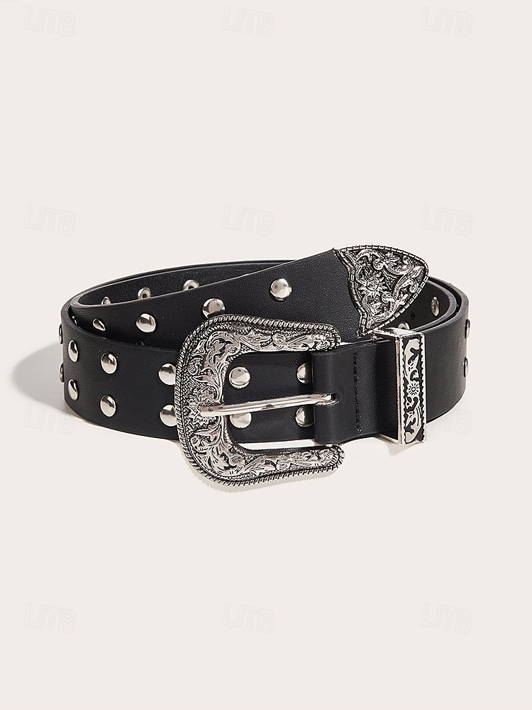 Women's Western Style Belt with Embossed Buckle and Studded Detailing, Faux Leather Adjustable Waist Belt for Casual and Vintage Outfits 2025 - $18.99 –P1