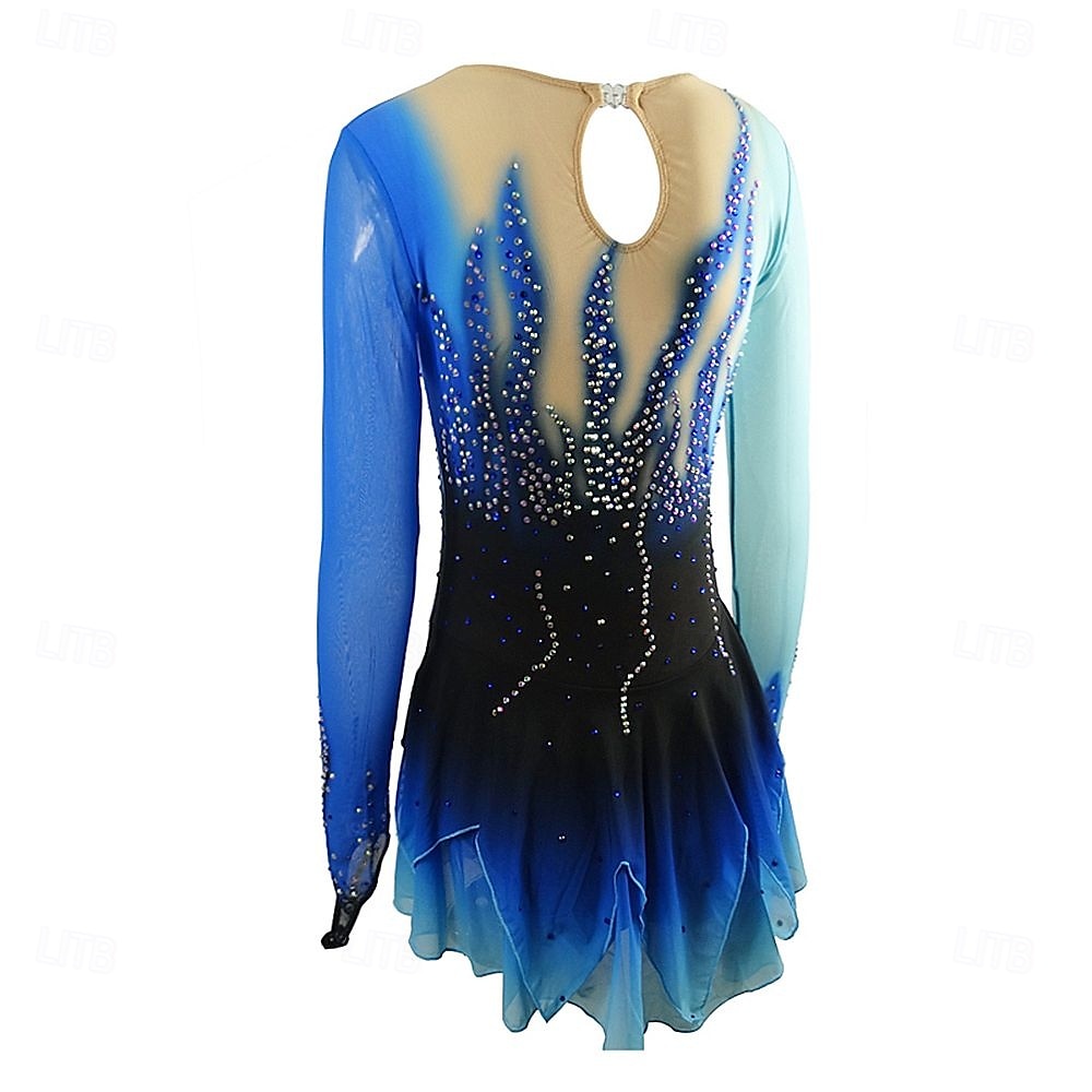 Eiskunstlaufkleid Damen Mädchen Eislaufen Kleid Blau Patchwork Daumenloch Netzstoff Hohe Elastizität Training Wettbewerb Eiskunstlaufkleidung Klassisch Kristall / Strass Langarm Eislaufen 2025 - $195.99 –P3