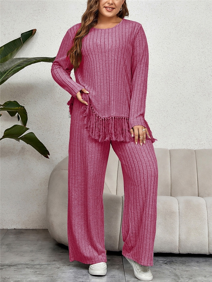 Femme Grande taille Hauts T shirt Tee Ensemble Couleur unie Franges manche longue Col Ras du Cou Décontractées du quotidien Polyester Automne Hiver Fuchsia Vert de 2025 ? $47.99 –P10