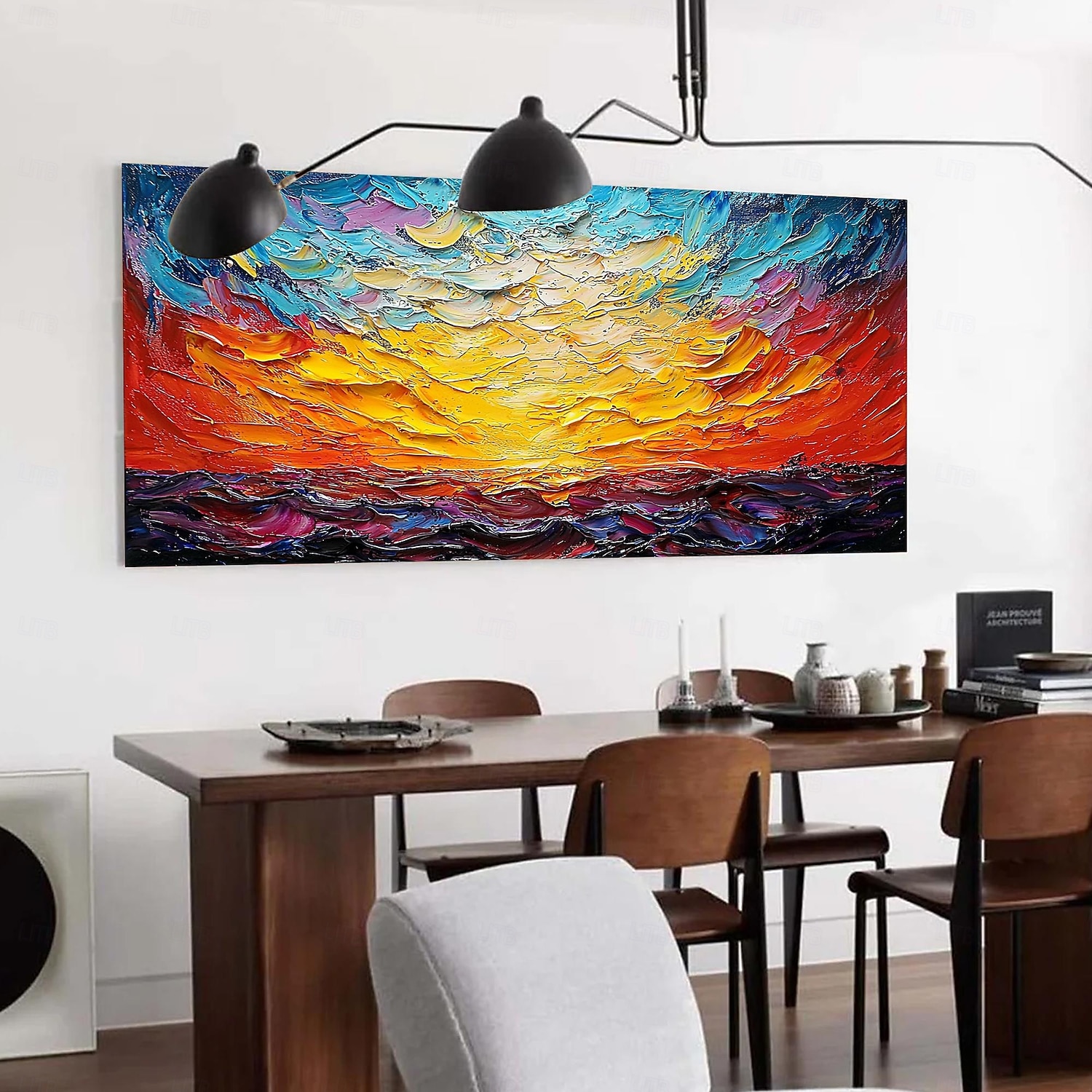 handgefertigtes originales dickes strukturiertes farbenfrohes Meereslandschafts-Ölgemälde auf Leinwand, abstrakter Sonnenuntergang, Ozean-Wandkunst für die Inneneinrichtung mit gespanntem Rahmen ohne 2025 - $150.99 –P2