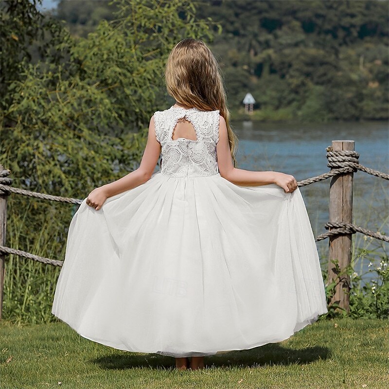 Infantil Para Meninas Vestido de daminha de honra Vestido de festa Côr Sólida Sem Manga Espetáculo Casamento Festa Com Transparência Frente Única Patchwork Elegante Doce Poliéster Renda Longo Vestido de 2025 por $44.99 –P8