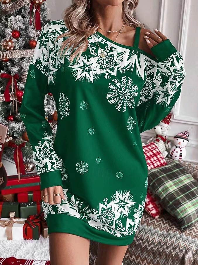 Flocon de Neige Robe Sweat à capuche Femme Noël Nouvel an la veille de Noël Le style mignon Epaules Dénudées Adultes Soirée Noël Robe de 2025 ? $23.99 –P4