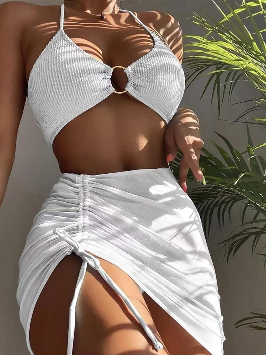 Dam Badkläder Bikini Tre delar Kaxig Baddräkt Öppen rygg Smal Semester Standkläder Ensfärgat Halterneck Ärmlös Baddräkter 2025 - $27.99 –P1