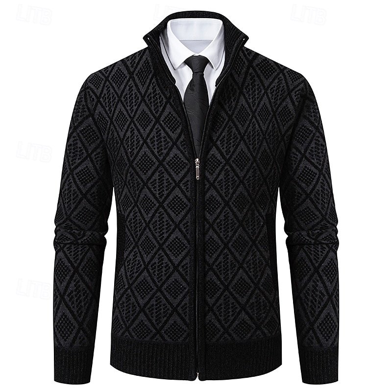 Herren Strickjacke Zip Pullover Reißverschluss Grobstricken Stricken Standard Zip Tasche Geometrisch Stehkragen Strickware Elegant Heim Arbeit Bekleidung Bischof Frühling Herbst Schwarz Marineblau M 2025 - $34.99 –P9