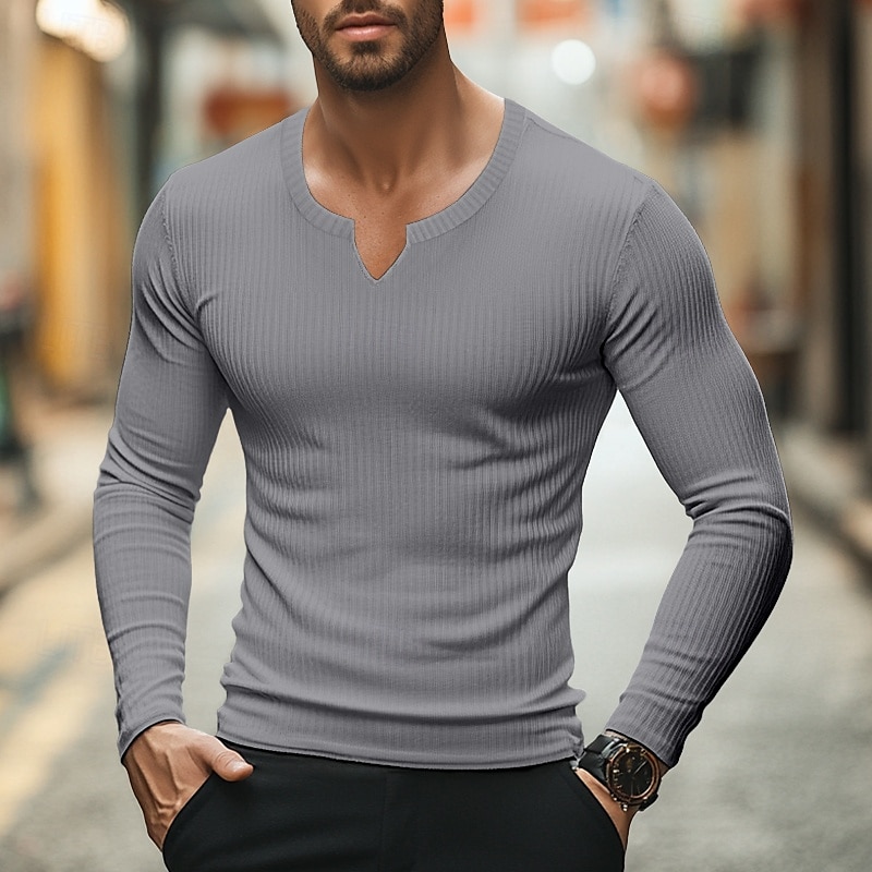 Herren T Shirt Geripptes Strick-T-Shirt T-Shirt Langarmshirt Langarm V Ausschnitt Sommer Frühling & Herbst Einfach Grubenstreifen Mode Designer Basic Gerippt Urlaub Straße Ausgehen Hellblau Schwarz 2025 - $15.49 –P5
