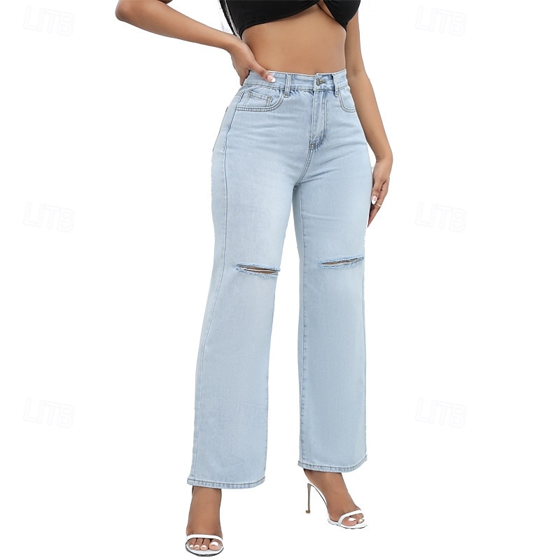 Dame Normal Jeans Gatemote Stilfull Full lengde Høy Midje Helfarge Lomme comfy Pusteevne Myk Mikroelastisk Gate Daglig Lyseblå Mørkeblå Vår & Vinter Løstsittende 2025 - $36.99 –P5