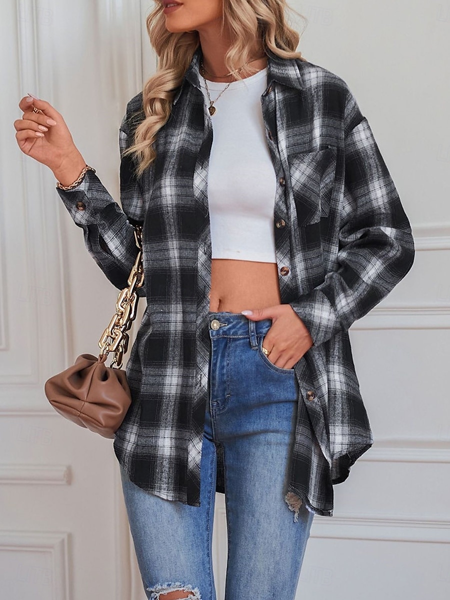 Dam Vardaglig jacka Utomhus Gata Dagliga kläder Höst Vinter Normal Täcka Normal Håller värmen Andningsfunktion Stylish Ledigt Jacka Långärmad Ränder och pläd Med fickor Mönster Svart Rubinrött Grön 2025 - $41.99 –P3