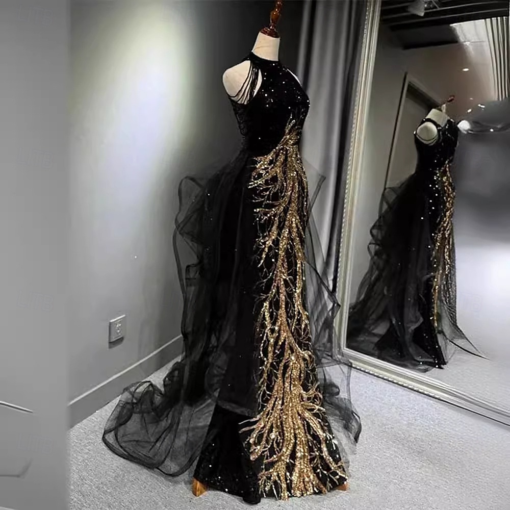 Black Gold Embroidered A-Line Prom Dresses Glittering Dress Formal Floor Length Sleeveless High Neck Sequined with Glitter Tassel 2024 2024 - GBP £83 –P2