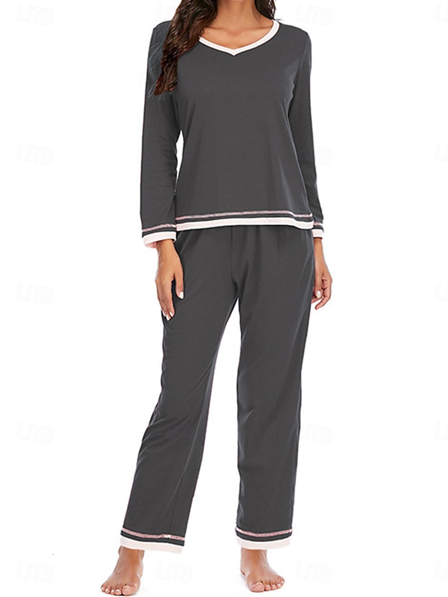 set de pijamale de damă culoare pură casual confort acasă zilnic confort din bumbac cald cu gâtul turnat tricou cu mânecă lungă pantaloni talie elastică ținute de toamnă iarnă acasă 2026 - $41.99 –P10